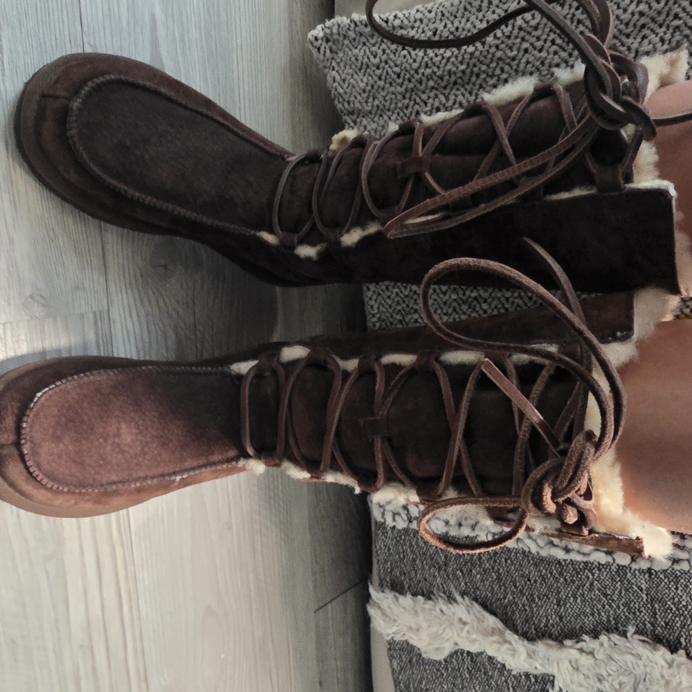Ugg Chocolate Brown Lace-Up Boots with Nubuck Finish